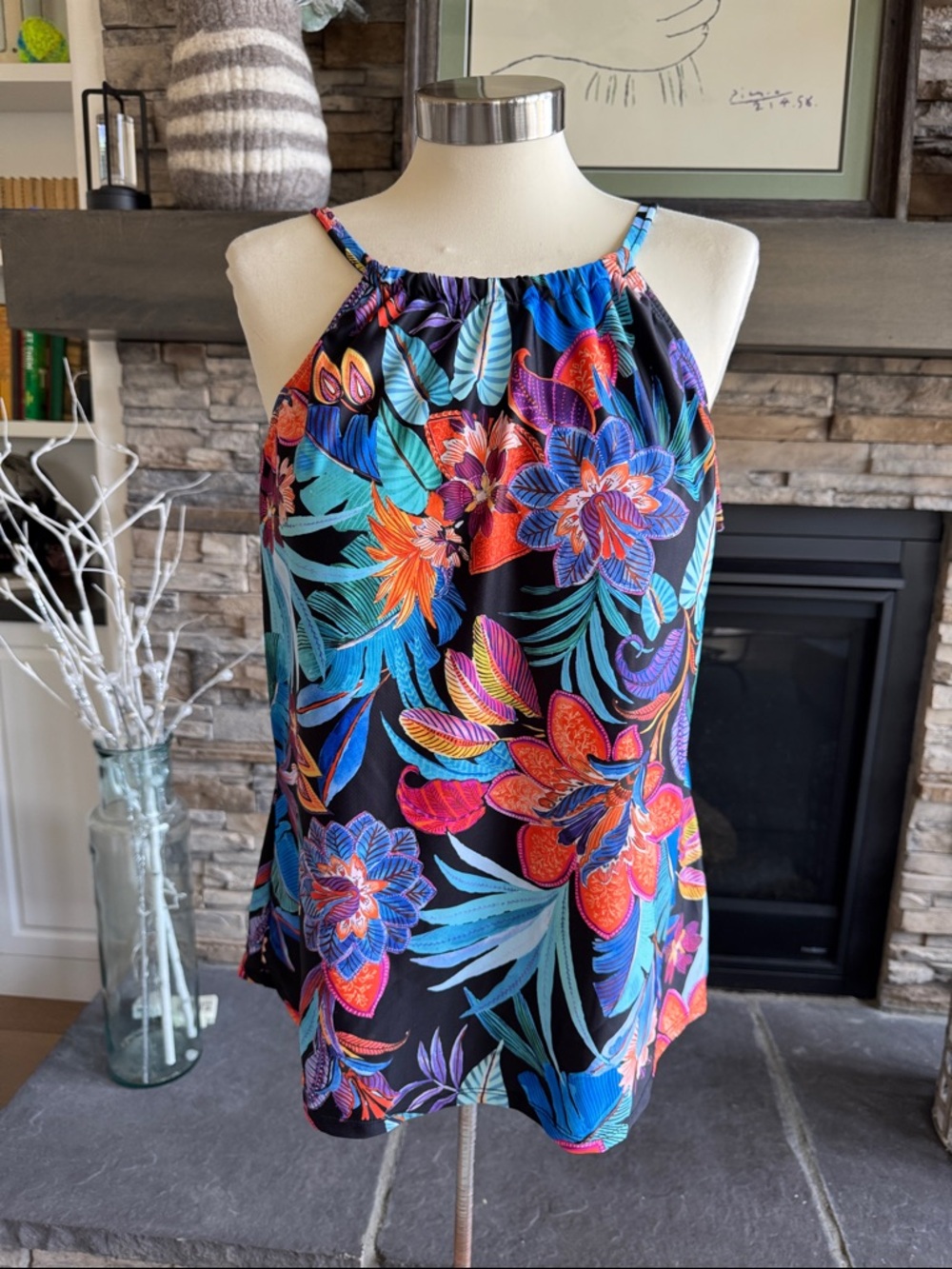 Women's Floral Tankini Halter Swim Camisole in Black with Multicolor Blooms